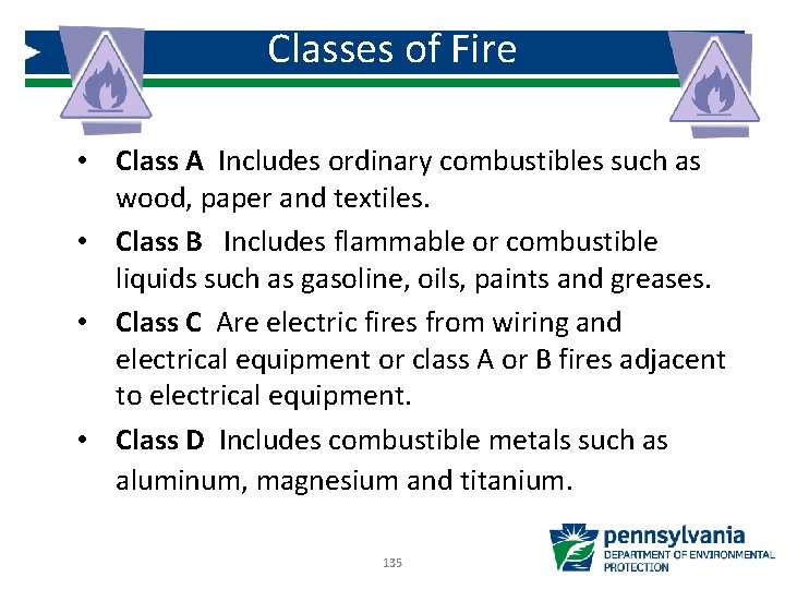 Classes of Fire • Class A Includes ordinary combustibles such as wood, paper and