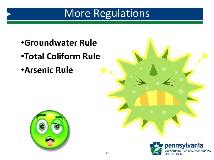 More Regulations • Groundwater Rule • Total Coliform Rule • Arsenic Rule 32 