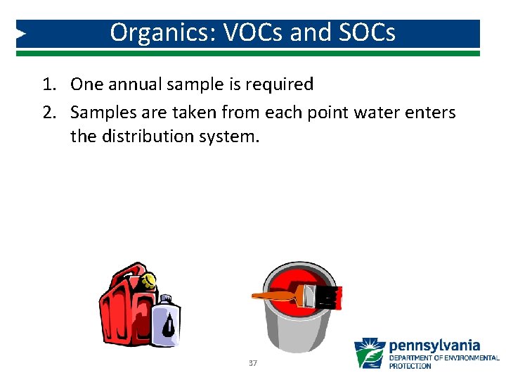 Organics: VOCs and SOCs 1. One annual sample is required 2. Samples are taken