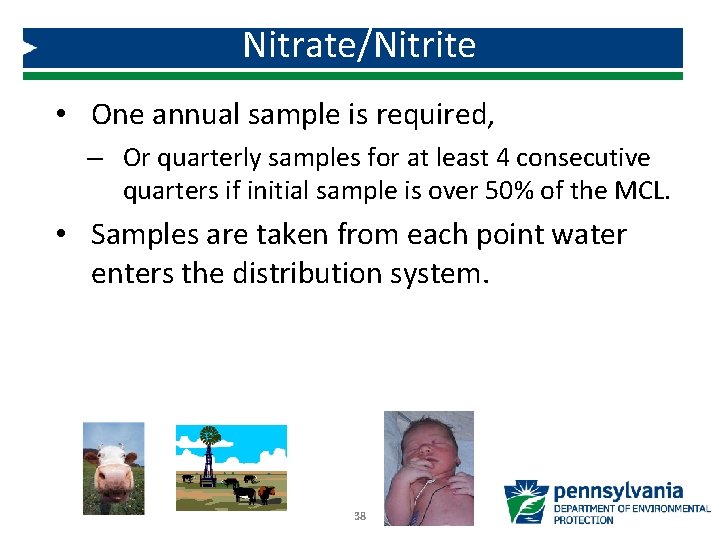 Nitrate/Nitrite • One annual sample is required, – Or quarterly samples for at least