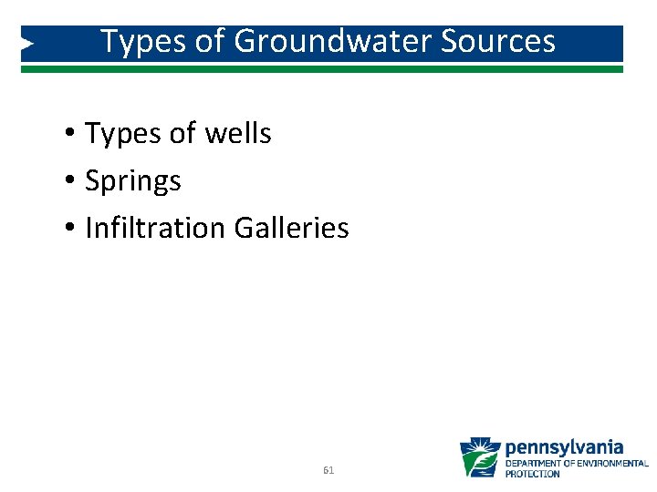 Types of Groundwater Sources • Types of wells • Springs • Infiltration Galleries 61