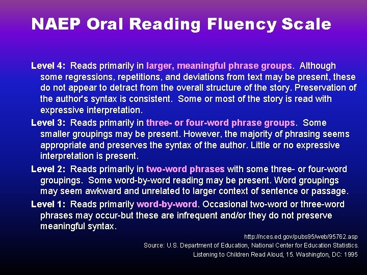 NAEP Oral Reading Fluency Scale Level 4: Reads primarily in larger, meaningful phrase groups.