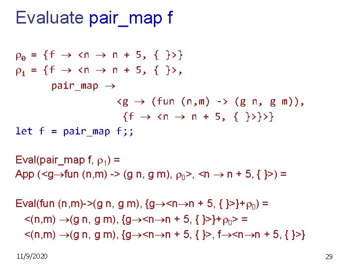 Evaluate pair_map f 0 = {f <n n + 5, { }>} 1 =