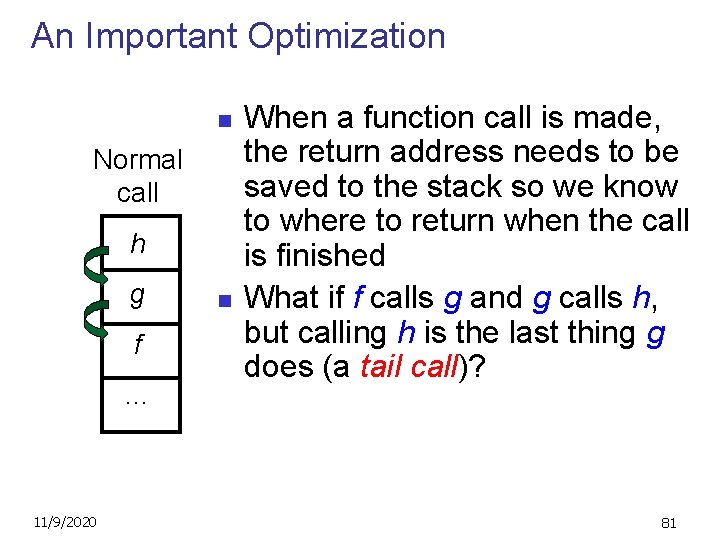 An Important Optimization n Normal call h g f … 11/9/2020 n When a