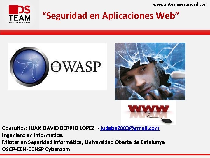 www. dsteamseguridad. com “Seguridad en Aplicaciones Web” Consultor: JUAN DAVID BERRIO LOPEZ - judabe
