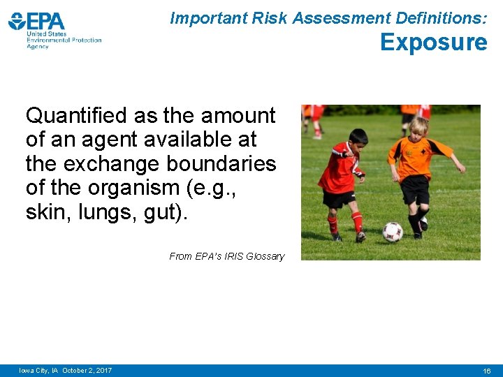 Important Risk Assessment Definitions: Exposure Quantified as the amount of an agent available at