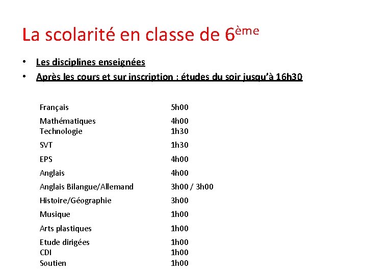 La scolarité en classe de 6ème • Les disciplines enseignées • Après les cours