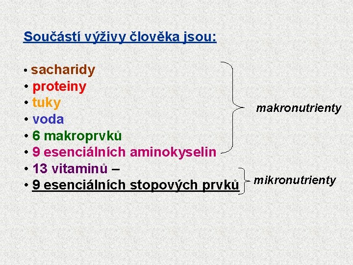 Součástí výživy člověka jsou: • sacharidy • proteiny • tuky • voda • 6 Součástí výživy člověka jsou: • sacharidy • proteiny • tuky • voda • 6