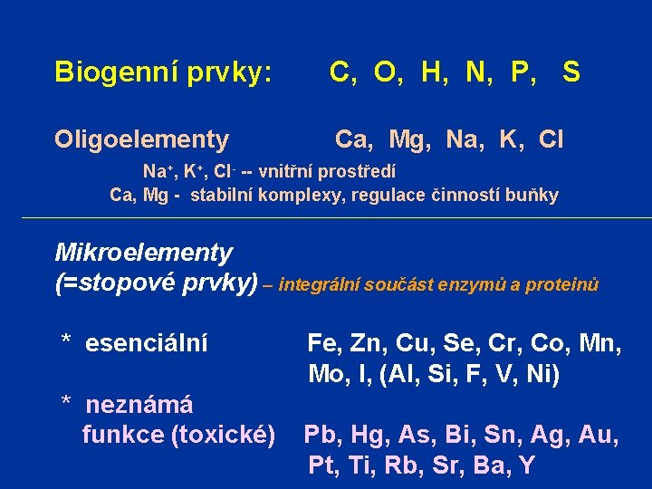 Biogenní prvky: C, O, H, N, P, S Oligoelementy Ca, Mg, Na, K, Cl Biogenní prvky: C, O, H, N, P, S Oligoelementy Ca, Mg, Na, K, Cl