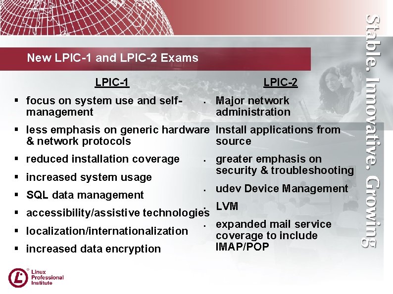 New LPIC-1 and LPIC-2 Exams LPIC-1 focus on system use and selfmanagement LPIC-2 Major