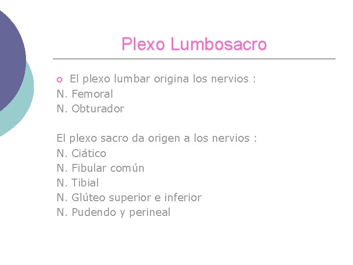 Plexo Lumbosacro El plexo lumbar origina los nervios : N. Femoral N. Obturador ¡