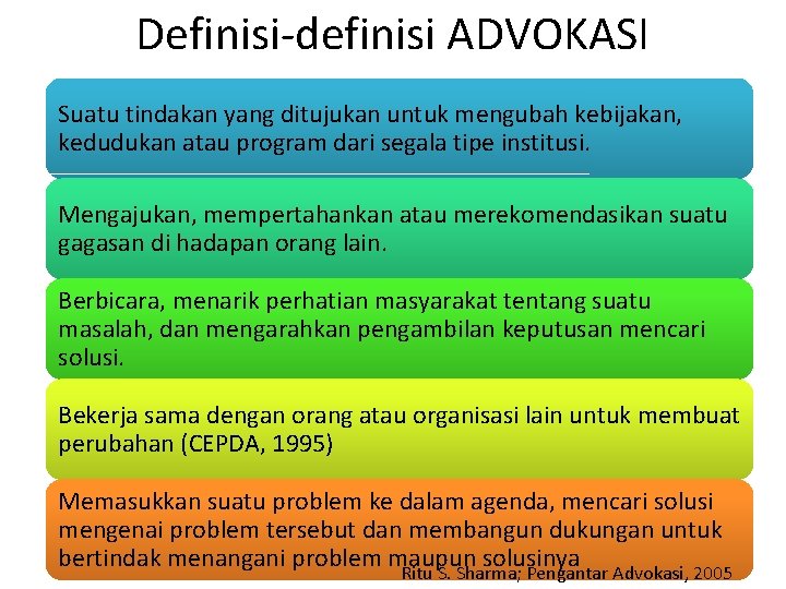 Definisi-definisi ADVOKASI Suatu tindakan yang ditujukan untuk mengubah kebijakan, kedudukan atau program dari segala