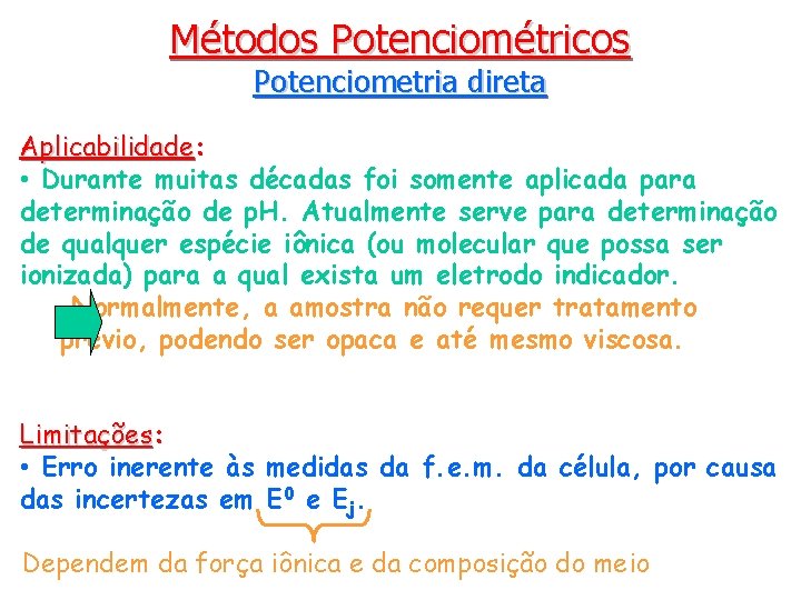 Métodos Potenciométricos Potenciometria direta Aplicabilidade: Aplicabilidade • Durante muitas décadas foi somente aplicada para