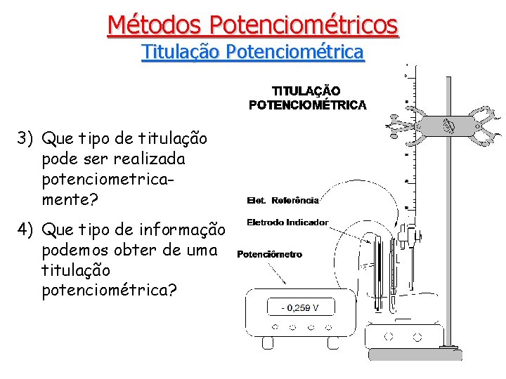 Métodos Potenciométricos Titulação Potenciométrica 3) Que tipo de titulação pode ser realizada potenciometricamente? 4)