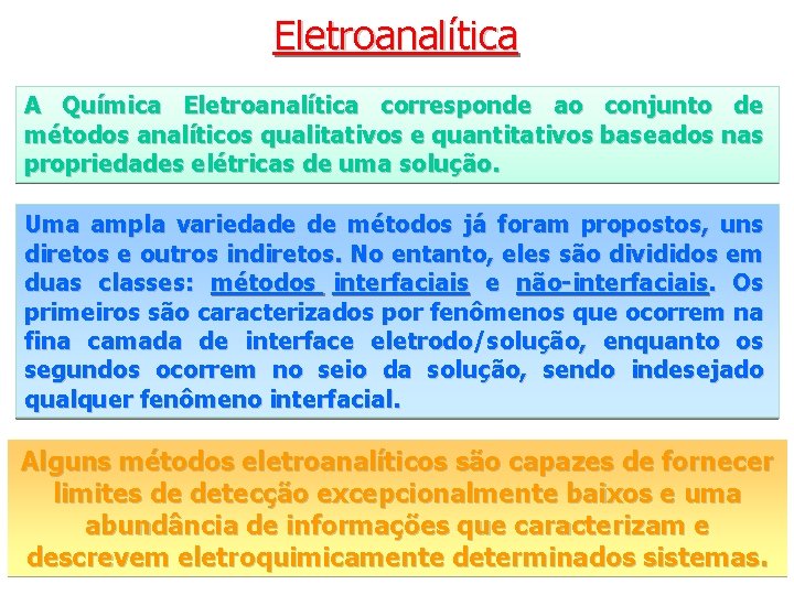 Eletroanalítica A Química Eletroanalítica corresponde ao conjunto de métodos analíticos qualitativos e quantitativos baseados