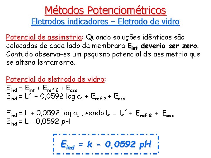 Métodos Potenciométricos Eletrodos indicadores – Eletrodo de vidro Potencial de assimetria: assimetria Quando soluções