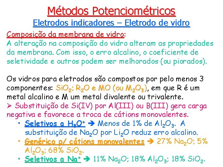 Métodos Potenciométricos Eletrodos indicadores – Eletrodo de vidro Composição da membrana de vidro: vidro