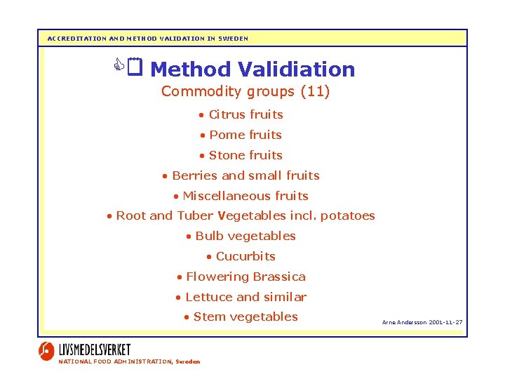 ACCREDITATION AND METHOD VALIDATION IN SWEDEN Method Validiation Commodity groups (11) • Citrus fruits