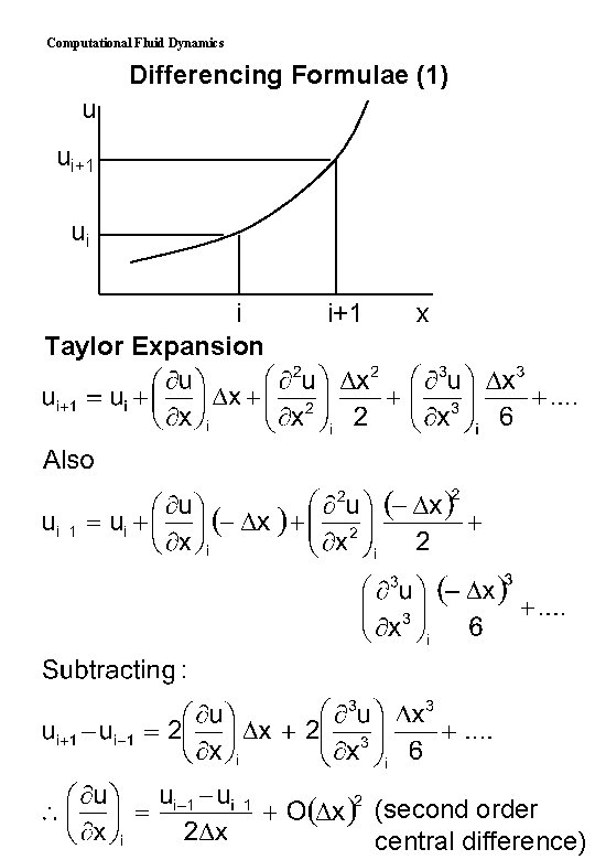Computational Fluid Dynamics Differencing Formulae (1) u ui+1 ui i Taylor Expansion i+1 x