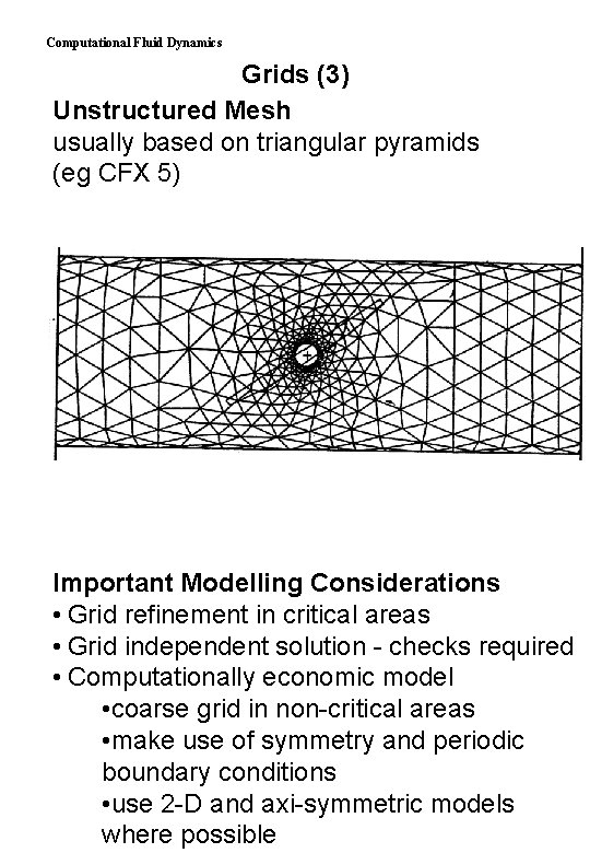 Computational Fluid Dynamics Grids (3) Unstructured Mesh usually based on triangular pyramids (eg CFX