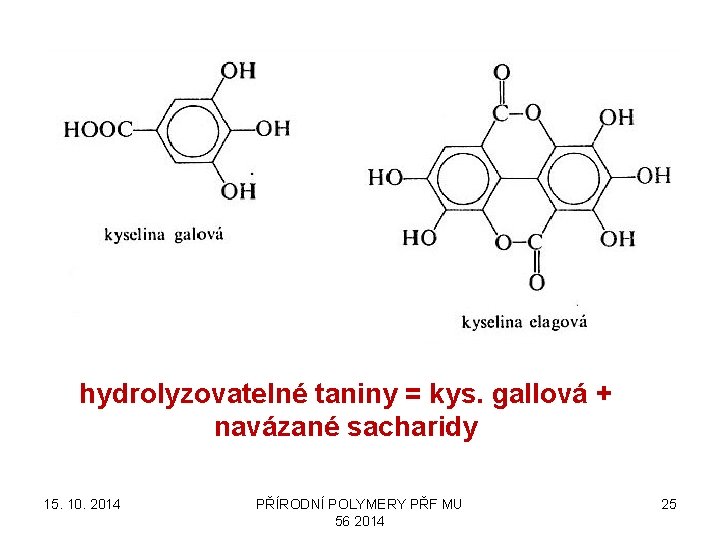 hydrolyzovatelné taniny = kys. gallová + navázané sacharidy 15. 10. 2014 PŘÍRODNÍ POLYMERY PŘF