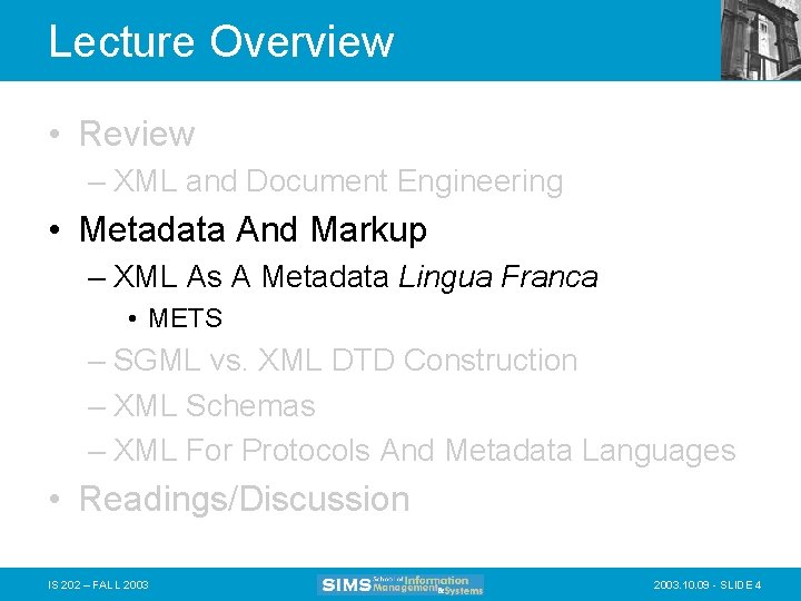 Lecture Overview • Review – XML and Document Engineering • Metadata And Markup –