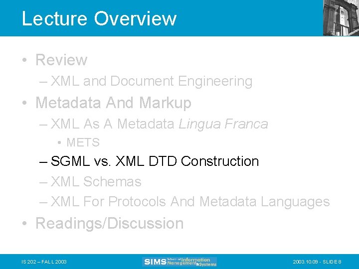 Lecture Overview • Review – XML and Document Engineering • Metadata And Markup –