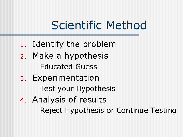 Scientific Method 1. 2. Identify the problem Make a hypothesis Educated Guess 3. Experimentation