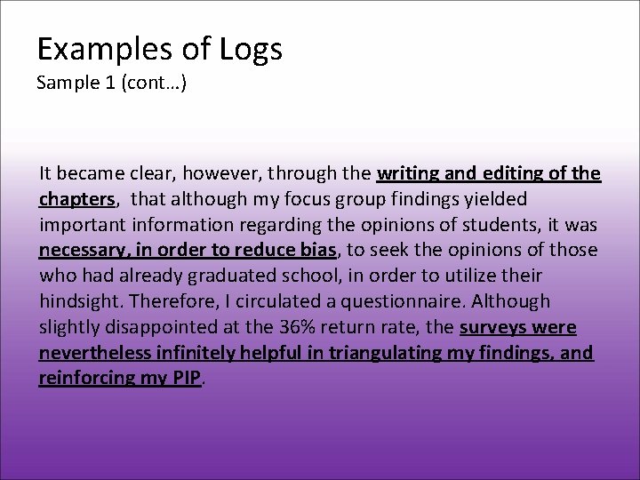 Examples of Logs Sample 1 (cont…) It became clear, however, through the writing and