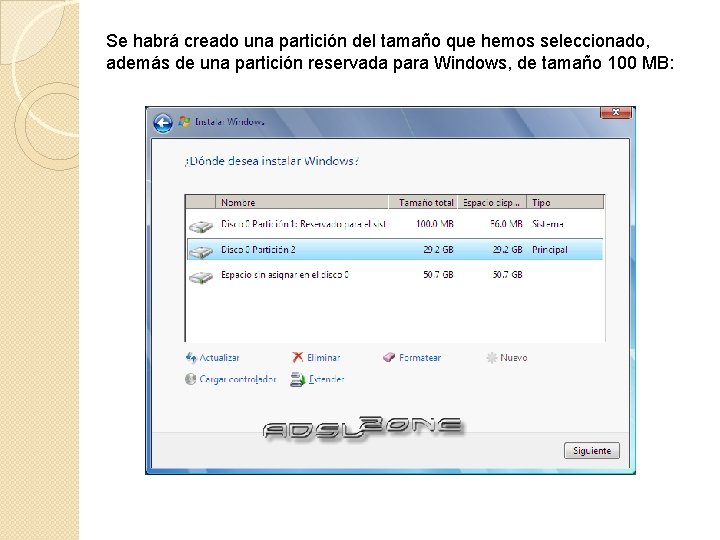 Se habrá creado una partición del tamaño que hemos seleccionado, además de una partición