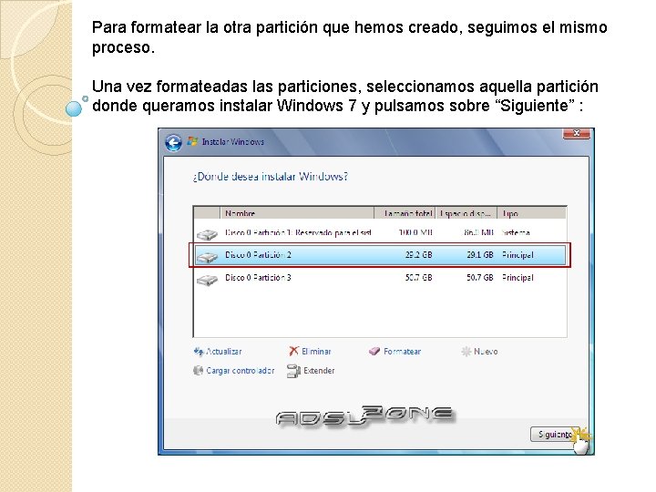 Para formatear la otra partición que hemos creado, seguimos el mismo proceso. Una vez