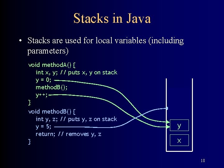 Stacks in Java • Stacks are used for local variables (including parameters) void method.