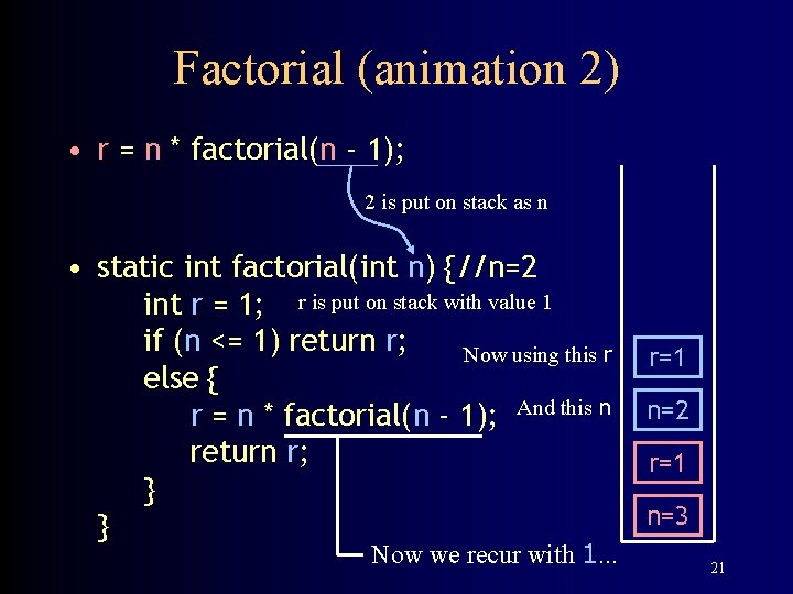 Factorial (animation 2) • r = n * factorial(n - 1); 2 is put