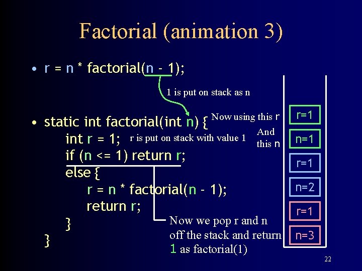Factorial (animation 3) • r = n * factorial(n - 1); 1 is put