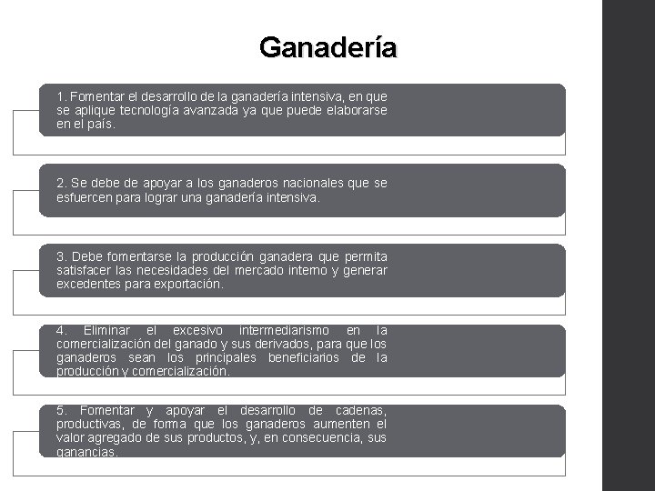 Ganadería 1. Fomentar el desarrollo de la ganadería intensiva, en que se aplique tecnología