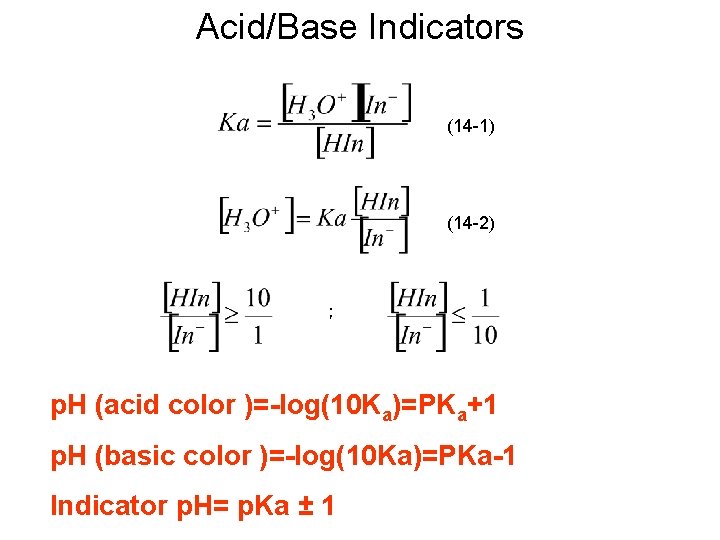 Acid/Base Indicators (14 -1) (14 -2) ； p. H (acid color )=-log(10 Ka)=PKa+1 p.