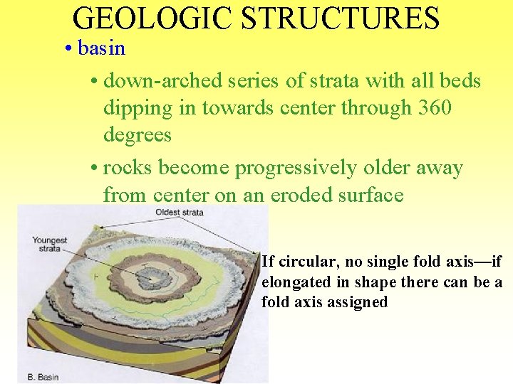 GEOLOGIC STRUCTURES • basin • down-arched series of strata with all beds dipping in