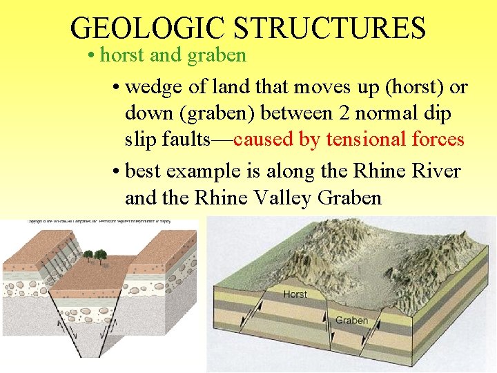 GEOLOGIC STRUCTURES • horst and graben • wedge of land that moves up (horst)