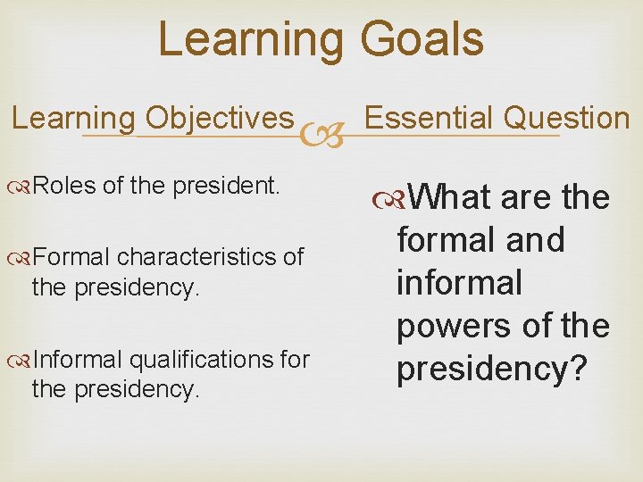 Learning Goals Learning Objectives Roles of the president. Formal characteristics of the presidency. Informal