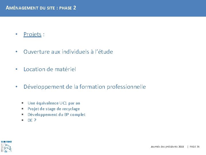 AMÉNAGEMENT DU SITE : PHASE 2 • Projets : • Ouverture aux individuels à