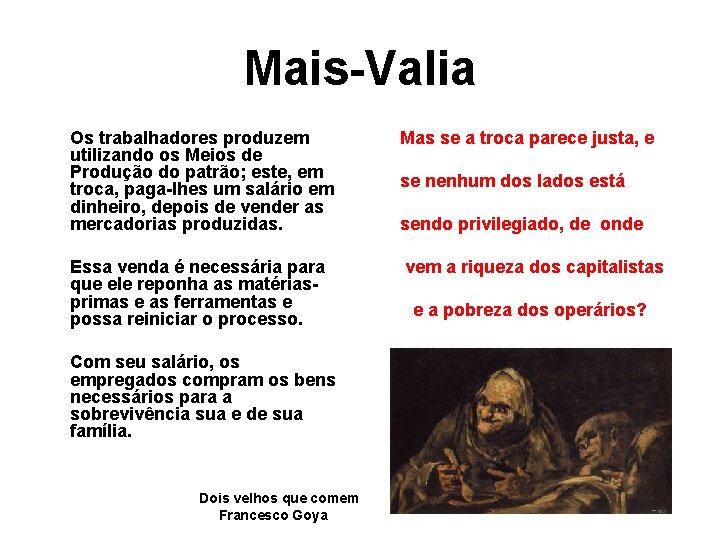 Mais-Valia Os trabalhadores produzem utilizando os Meios de Produção do patrão; este, em troca,