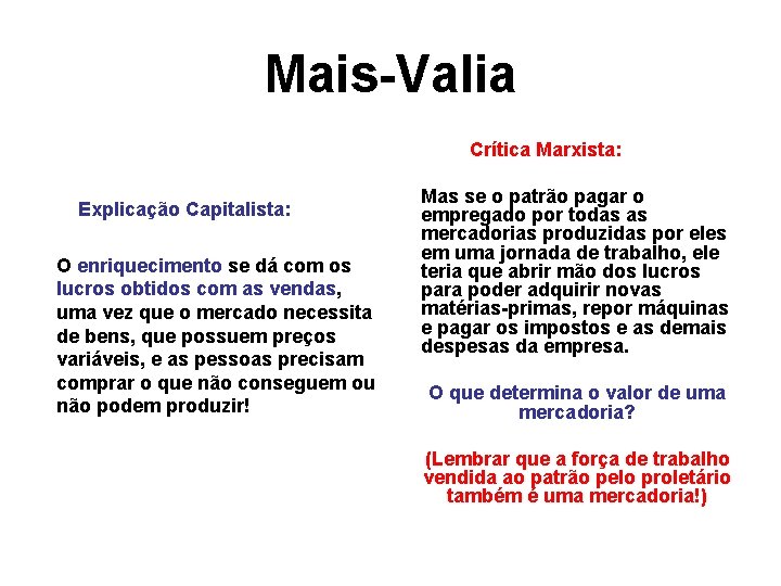 Mais-Valia Crítica Marxista: Explicação Capitalista: O enriquecimento se dá com os lucros obtidos com