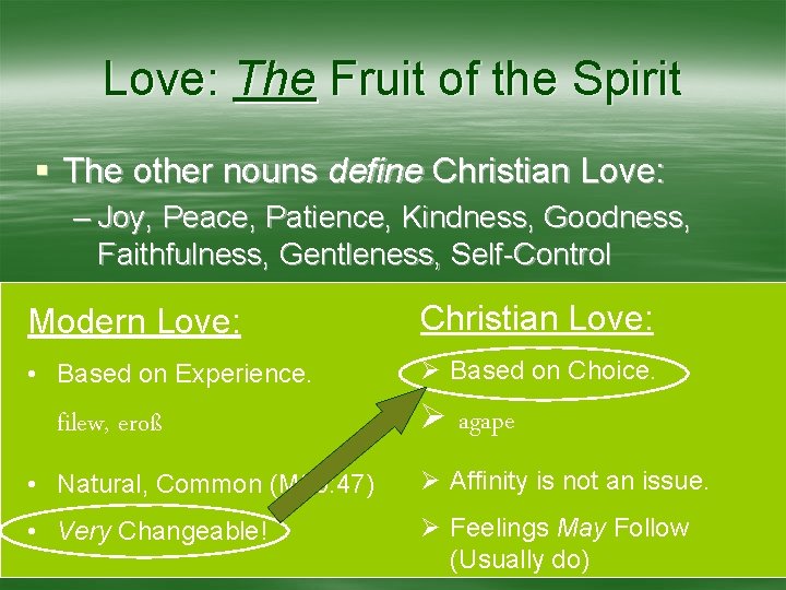 Love: The Fruit of the Spirit § The other nouns define Christian Love: –