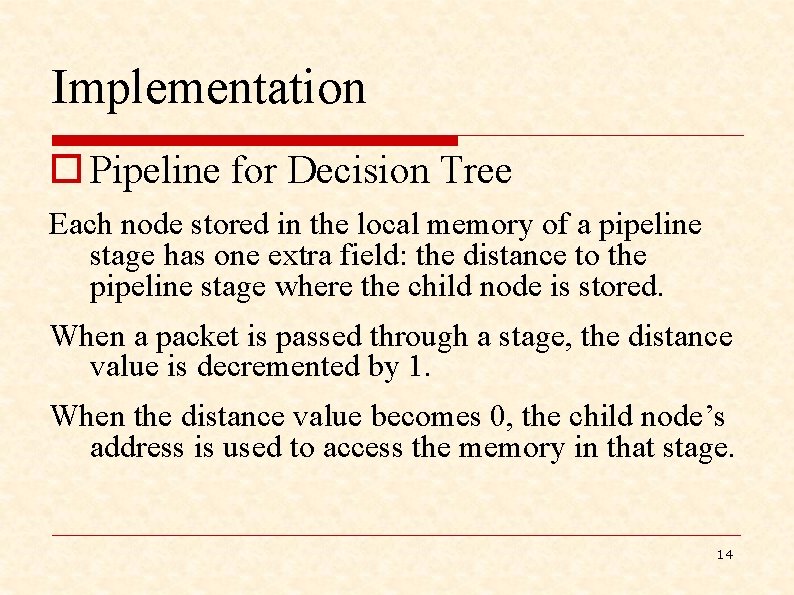 Implementation o Pipeline for Decision Tree Each node stored in the local memory of