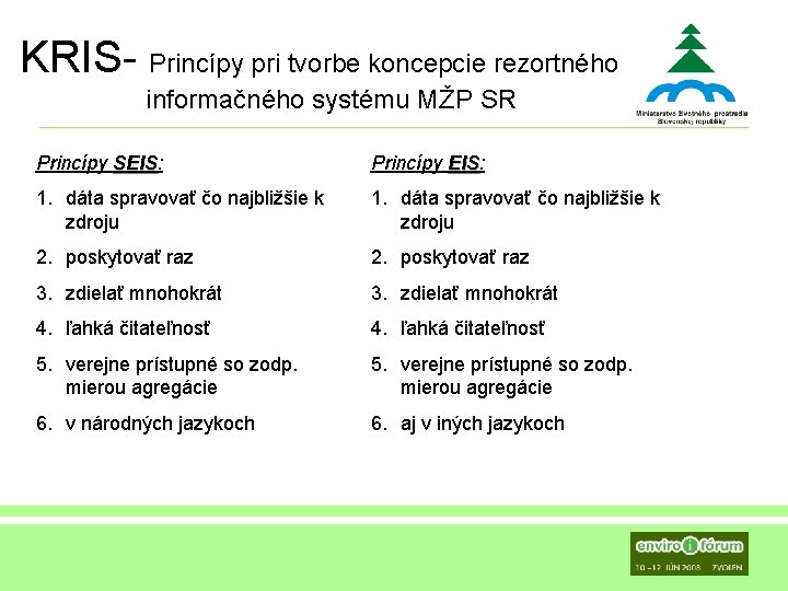  KRIS- Princípy pri tvorbe koncepcie rezortného informačného systému MŽP SR Princípy SEIS: SEIS