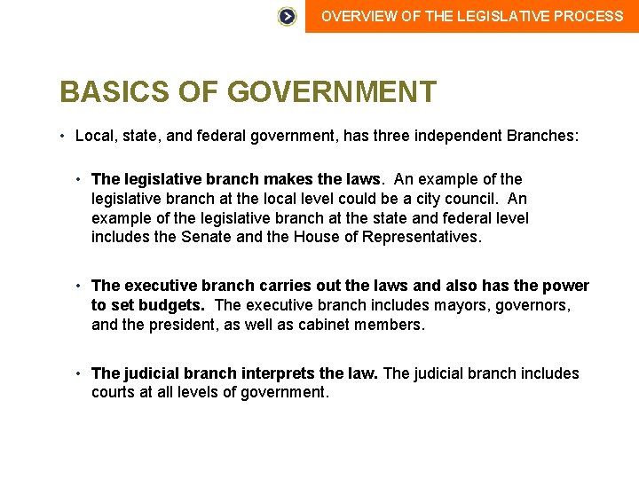 OVERVIEW OF THE LEGISLATIVE PROCESS BASICS OF GOVERNMENT • Local, state, and federal government,