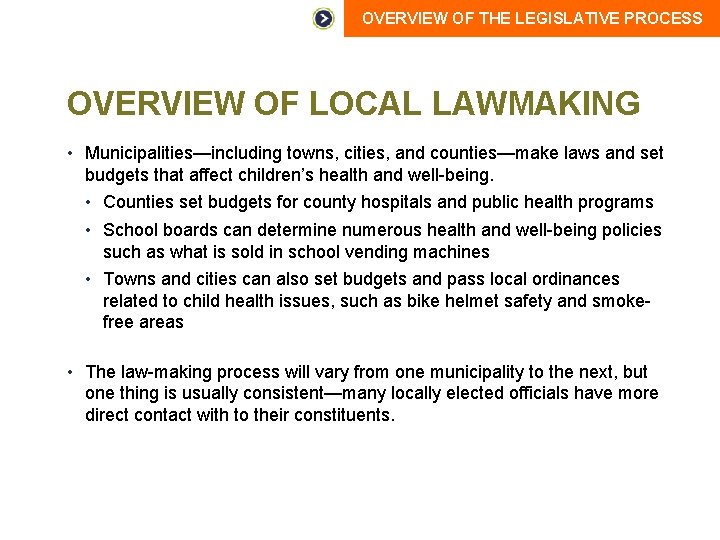 OVERVIEW OF THE LEGISLATIVE PROCESS OVERVIEW OF LOCAL LAWMAKING • Municipalities—including towns, cities, and