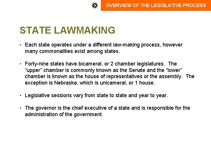 OVERVIEW OF THE LEGISLATIVE PROCESS STATE LAWMAKING • Each state operates under a different