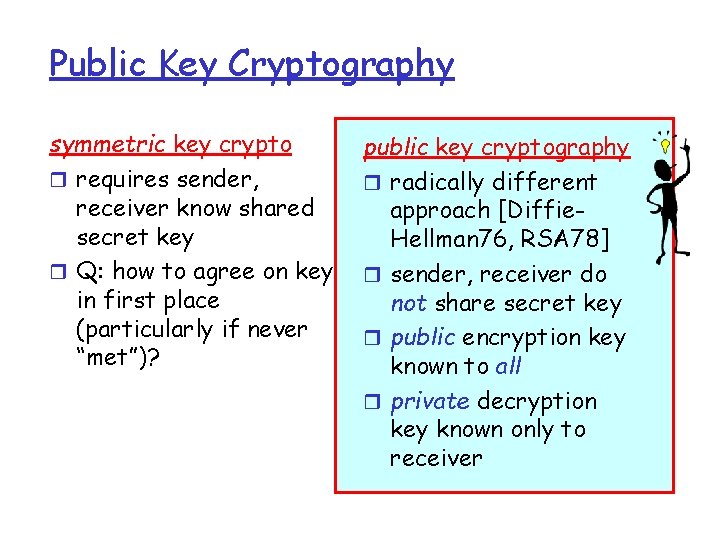 Public Key Cryptography symmetric key crypto r requires sender, receiver know shared secret key Public Key Cryptography symmetric key crypto r requires sender, receiver know shared secret key