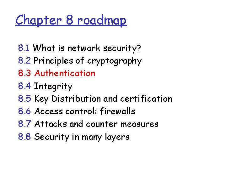Chapter 8 roadmap 8. 1 What is network security? 8. 2 Principles of cryptography Chapter 8 roadmap 8. 1 What is network security? 8. 2 Principles of cryptography
